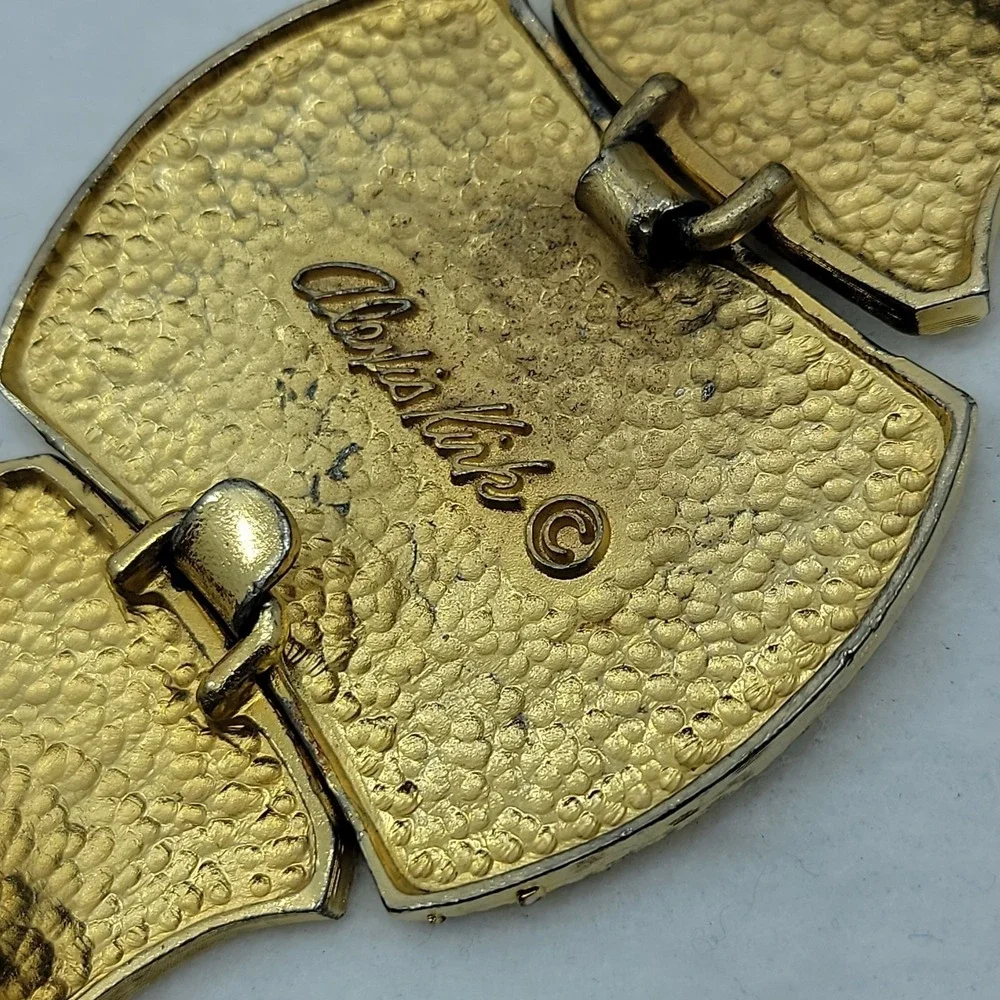 Vtg ALEXIS KIRK Belt Gold Basketweave Buckle Blk Reptile Leather 80s Rare Signed